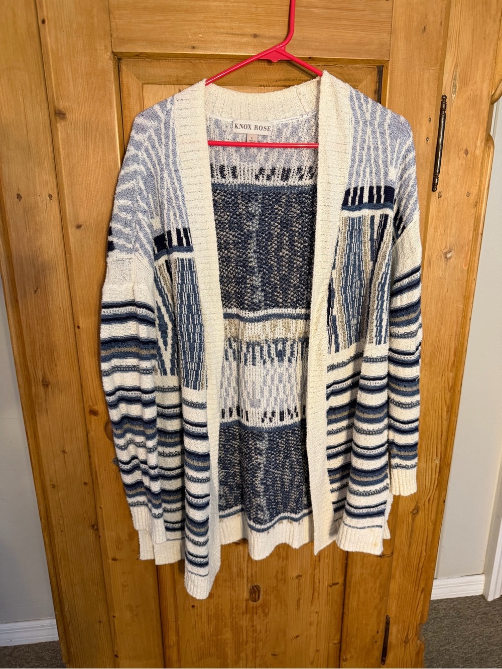Knox Rose Cream and Navy Patterned Open-Front Cardigan Sz L Y2K Vibe